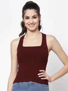 Kalt Women Maroon Square Neck Knitted Ribbed Cotton Top