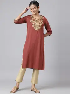 AURELIA Women Maroon Yoke Design Thread Work Kurta