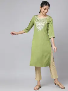 AURELIA Women Green Floral Yoke Design Kurta