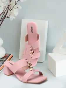 RINDAS Pink Embellished Strappy Buckled Stylish Block Heels