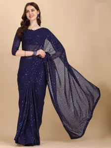 Amrutam Fab Navy Blue & Gold-Toned Embellished Sequinned Pure Georgette Saree