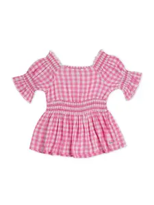 Pepe Jeans Girls Pink & White Checked Peplum Top