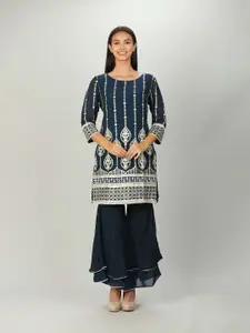 Mustard Blue & Gold-Toned Ethnic Motifs Embroidered Pure Georgette Kurti
