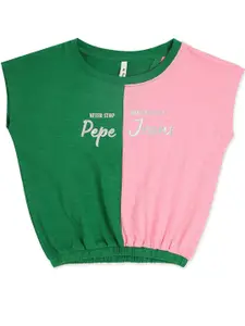 Pepe Jeans Girls Green & Pink Colourblocked T-shirt