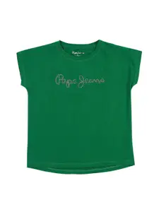 Pepe Jeans Girls Green Typography Extended Sleeves T-shirt