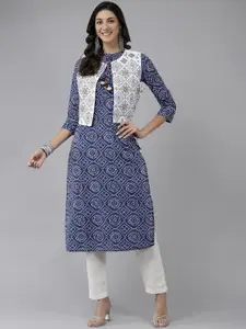 Prakrti Women Blue & White Ethnic Motifs Printed Kurta with Jacket