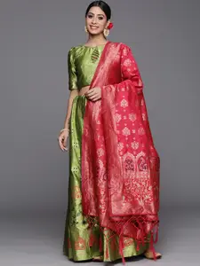 Mitera Women Green & Gold-Toned Batik Semi-Stitched Lehenga Unstitched Blouse & Dupatta