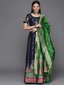 Mitera Women Navy Blue & Gold-Toned Semi-Stitched Lehenga Unstitched Blouse & Dupatta
