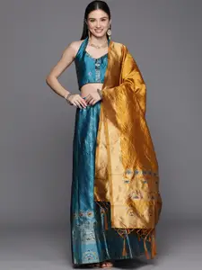 Mitera Women Turquoise Blue & Gold-Toned Semi-Stitched Lehenga Unstitched Blouse & Dupatta