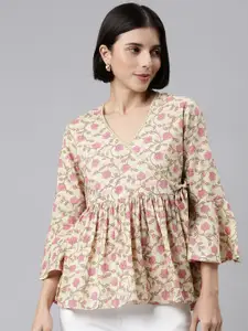 MALHAAR Beige & Pink Floral Print Bell Sleeve Cotton Empire Top