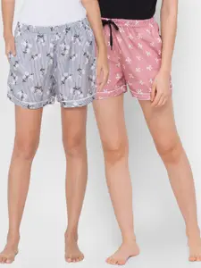 FashionRack Women Grey & Brown Set Of 2 Printed Lounge Shorts