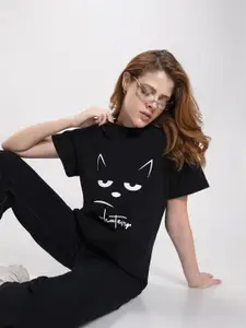 Bewakoof Whatever Cat Graphic Printed Boyfriend T-shirt