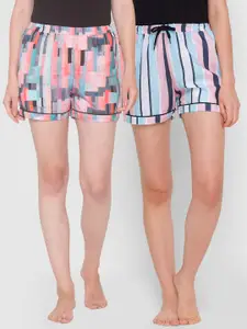FashionRack Women Pack of 2 Blue & Pink Printed Cotton Lounge Shorts