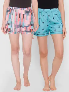 FashionRack Women Pack of 2 Pink & Blue Printed Cotton Lounge Shorts