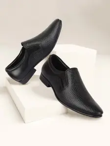 FAUSTO Men Black Textured Leather Formal Slip-Ons