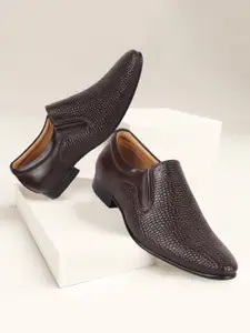 FAUSTO Men Brown Embossed Design Formal Leather Slip On Shoes