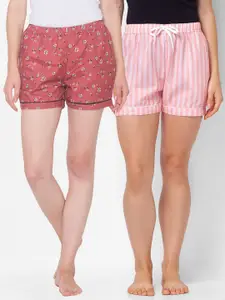 FashionRack Women Brown & Pink Set Of 2 Printed Lounge Shorts