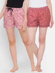 FashionRack Women Brown & Peach Set Of 2 Printed Lounge Shorts