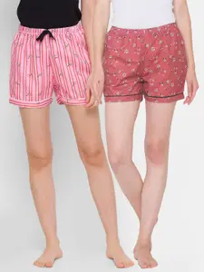 FashionRack Women Brown & Pink Set Of 2 Printed Lounge Shorts