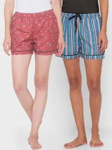 FashionRack Women Brown & Blue Set Of 2 Printed Lounge Shorts
