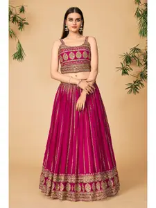 DRESSTIVE Pink & Gold-Toned Embroidered Mirror Work Ready to Wear Lehenga & Blouse With Dupatta