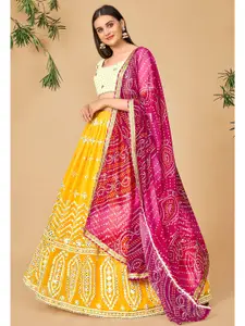 DRESSTIVE Yellow & Pink Embroidered Thread Work Semi-Stitched Lehenga & Unstitched Blouse With Dupatta