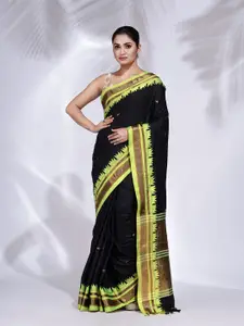 Charukriti Black & Green Woven Design Zari Pure Silk Saree With Geometric Border