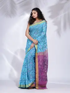 Charukriti Women Blue & Purple Floral Zari Pure Cotton Saree