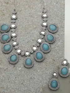 SOHI Women Blue Silver Plated American Diamond and Designer Stone Necklace and Earring Set
