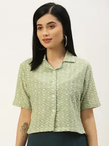 AKIMIA Green Floral Embroidered Cotton Shirt Style Crop Top