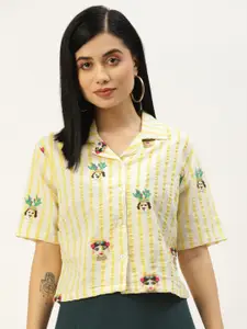 AKIMIA Yellow & Off White Striped Cotton Shirt Style Crop Top