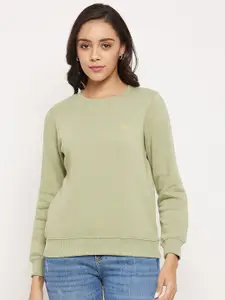 Madame Women Green Solid Fleece Sweatshirt