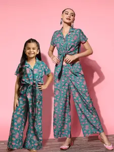 Sangria Girls Teal Green & Pink Floral Print Top with Palazzos