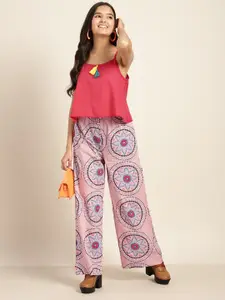 Sangria Teen Girls Red & Pink Pure Cotton Crop A-Line Top with Printed Palazzos