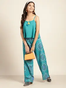 Sangria Teen Girls Sea Green & Blue Pure Cotton Crop A-Line Top with Printed Palazzos