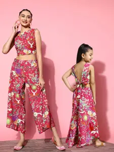 Sangria Girls Pink & Green Floral Print Top with Palazzos