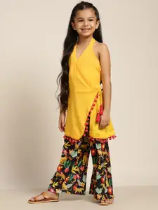 Sangria Girls Yellow & Black Solid Top with Palazzos