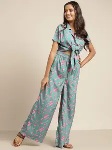 Sangria Girls Green & Pink Floral Print Top with Palazzos
