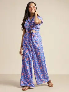Sangria Teen Girls Blue & Pink Floral Print Top with Palazzos