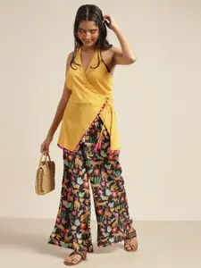 Sangria Girls Yellow & Black Solid V-Neck Top with Palazzos