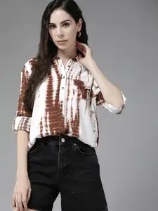 Roadster Women White & Brown Tie and Dyed Casual Shirt
