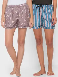 FashionRack Pack Of 2 Women Brown & Blue Printed Lounge Shorts