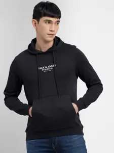 Jack & Jones Men Black Brand Logo Printed Hooded Sweatshirt