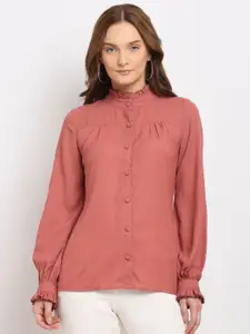 La Zoire  Women Pink Frilled Band Collar Top