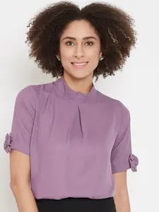 La Zoire Purple Roll-Up Sleeves Georgette Top