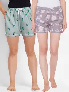 FashionRack Pack of 2 Women Brown & Green Printed Lounge Shorts