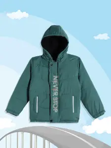 Fort Collins Boys Green & White Typography Print Insulator Hooded Padded Jacket