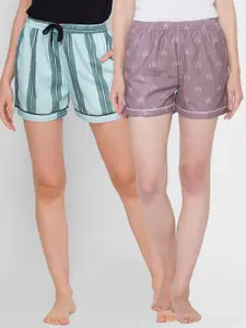 FashionRack Women Purple & Blue 2 Printed Lounge Shorts