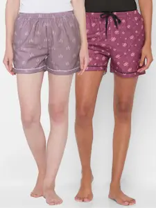 FashionRack Set of 2 Women Purple & Magenta Printed Lounge Shorts