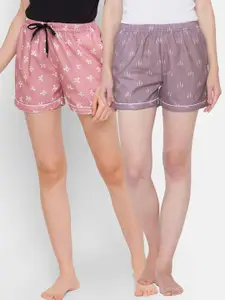 FashionRack Pack of 2 Women Purple & Brown Printed Lounge Shorts